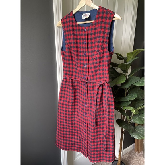 Lanz Originals Dresses & Skirts - Vtg Lanz Originals Plaid Flannel Dress Sleeveless Red Navy Belt Pockets Sz Small